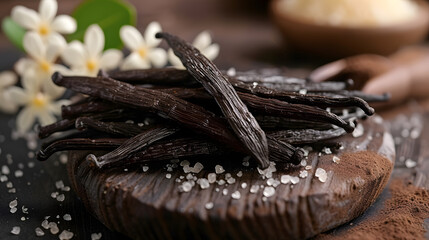 A photo of vanilla beans, with a sweet aroma as the background, during a pastry chef's creative...