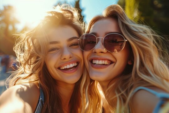 Two happy caucasian girls take a selfie outdoors on a sunny day. Smiling girlfriends take pictures on a mobile phone. Lifestyle. Close-up