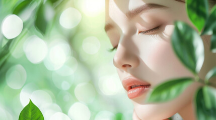 Fototapeta premium A beautiful close-up portrait of a woman face and sweet green nature leaves