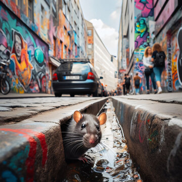 Generative AI rat in urban street gutter