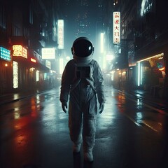 Astronaut walking on the street in fog halo light from back neon night theme cinematic photography of space astro concept blurry USA streets city futuristic lonely alone entrepreneur concept wallpaper