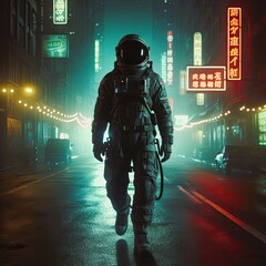 Astronaut walking on the street in fog halo light from back neon night theme cinematic photography of space astro concept blurry USA streets city futuristic lonely alone entrepreneur concept wallpaper