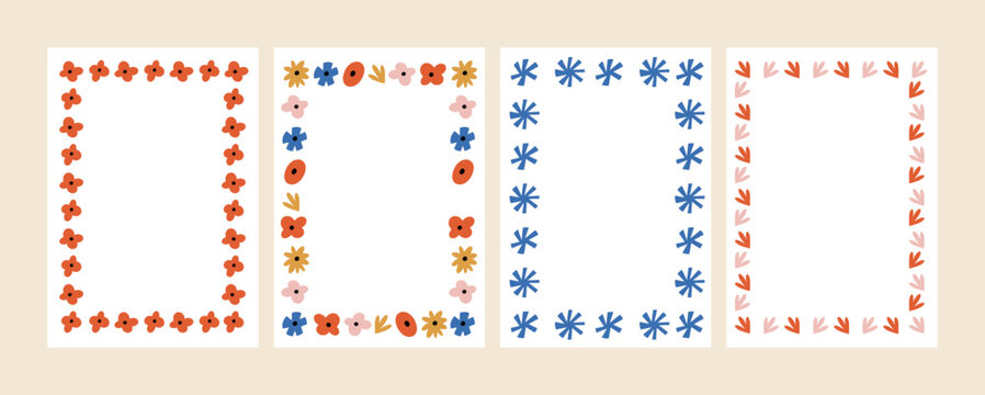 Vector backgrounds with cute flowers. Doodle floral frames in hippie style.