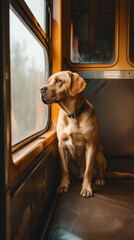 Attentive Labrador Retriever Sits by Train Window on Overcast Day