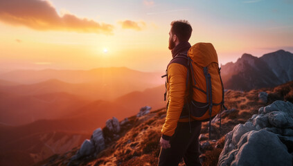 man hiking mountain at sunset, film style