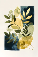 Fototapeta na wymiar Simple Botanical gold and dark blue Watercolor Design Symmetrical Print, incorporating natural shapes and forms, such as leaves or petals, within the geometric composition.