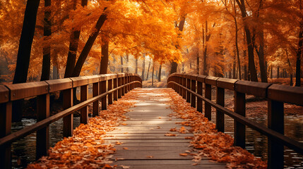 Fototapeta na wymiar wooden bridge in autumn,, bridge in autumn