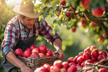 Farmer harvesting fresh organic red apples in the garden on a sunny day. Freshly picked fruits