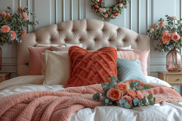 Romantic bed with cushions and flowers in classic style