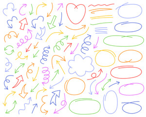 Set of hand drawn line arrows. Vector curvy and wavy arrows, circles, bubbles, strokes. Colorful doodles isolated on white.