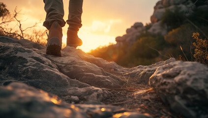 someone walking on the rocks at sunset