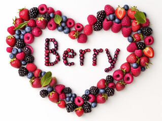 Assorted Fresh Berries Arranged in a Heart Shape With the Word "Berry" in the Center. White background. Card for a health food store.