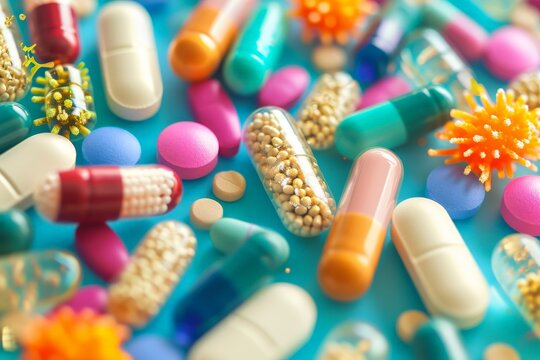 Medicine, pills, capsules health wellness treatment. Pharmaceuticals, vitamins prescription drugs, aid curing illnesses. White tablets medical care treatment. Addiction Pill misuse through healthcare.