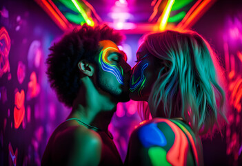 Couple kissing in the disco club with fluorescent