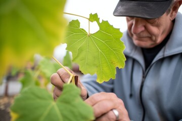 individual inspecting young grape leaves for frost damage