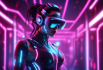Abstract portrait of a sci-fi neon cyberpunk girl in a