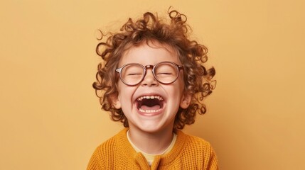 A joyful child with curly hair and glasses wearing a yellow sweater laughing heartily against a warm yellow background.
