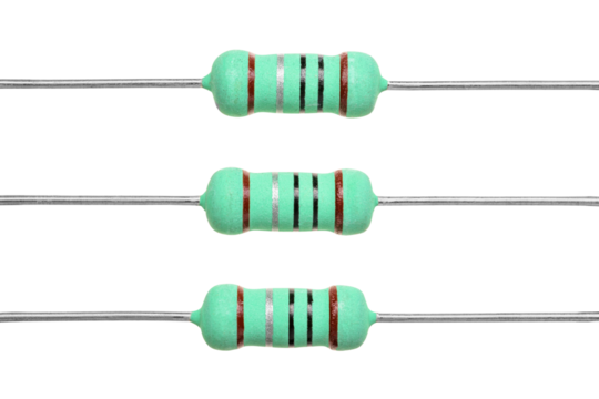 Carbon film power resistors isolated. Macro shot of electronic components. Transparent PNG image.
