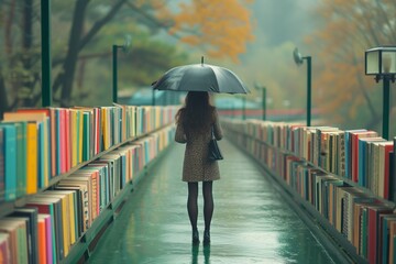 woman with umbrella on a rainy day on a book bridge