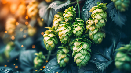 Hop plants in a green garden, symbolizing the growth and natural ingredients used in beer brewing, perfect for agricultural or brewery themes