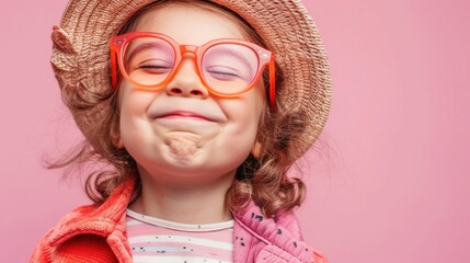 A young girl with a joyful expression wearing oversized orange glasses a straw hat and a pink and white striped top set against a soft pink background.