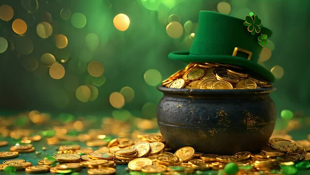 Saint Patrick s Day. Pot full of golden coins.Traditional Irish symbol of success and luck. Leprechaun s gold. Celebrative, festive 3D Render concept sparkling lights moving around 4k