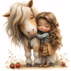 Cute girl with curly hair with a shiny bow, in a menthol T-shirt with strawberries, skirt with pockets, striped tights and shoes with clasps, hugging a big Cute Horse - obrazy, fototapety, plakaty