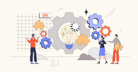 Design thinking for new creative business idea retro tiny person concept. Empathize, define, ideate, prototype and test stages after brainstorming process vector illustration. Innovation teamwork.