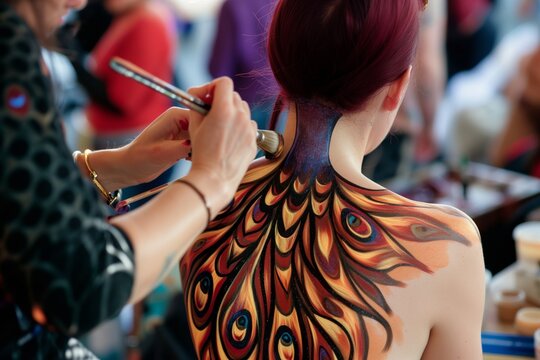 bodypaint artist painting flame patterns on a models back in peacock tail design