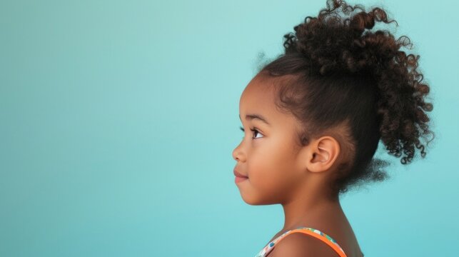 A young girl with curly hair wearing a colorful top looking to the side with a gentle expression against a light blue background.