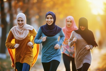 women in hijabs jogging together in the morning