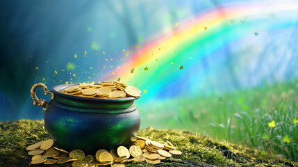 Leprechaun's Bounty: Pot of Gold at Rainbow's End - obrazy, fototapety, plakaty