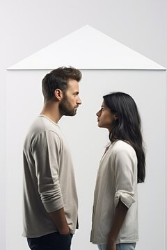Couple looking at each other in front of a white picture frame