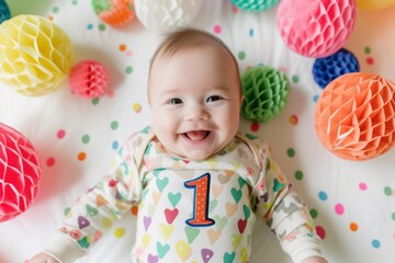 smiling baby in a onesie with number 1 surrounded by birthday decorations