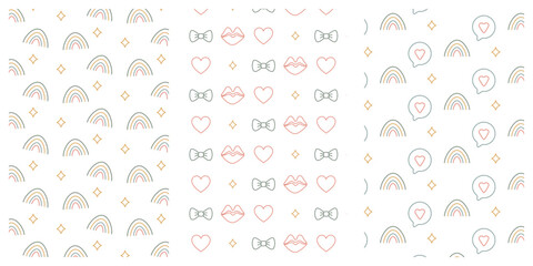 Doodle elements seamless pattern set. Color outline rainbow, star, lips, bow, heart and love bubble speach repeat on white background. Vector illustration. 