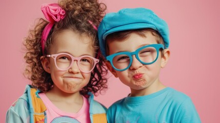 A charming image of two young children wearing pink and blue glasses posing playfully against a vibrant pink background.