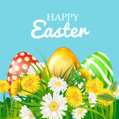 Easter eggs colored, green grass daisy and dandelion