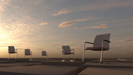 abstract business symbol with chairs and cloud-sky - 3D illustration - obrazy, fototapety, plakaty