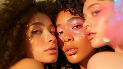 Obraz premium Closeup beauty portrait of diverse young women with glitter makeup, posing against a pastel background.