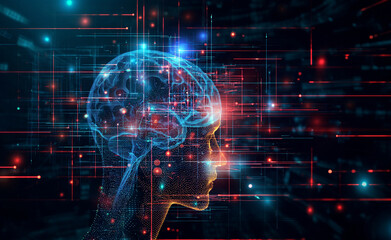 Obraz premium Neural Nexus: Futuristic Visualization of Human Mind and AI
