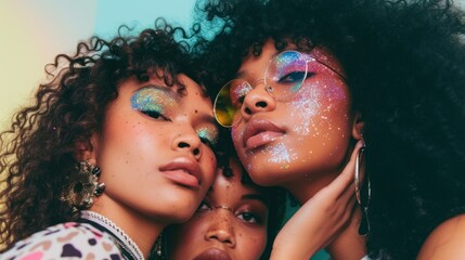 Obraz premium Closeup beauty portrait of multicultural women with glittery makeup against a pastel backdrop.