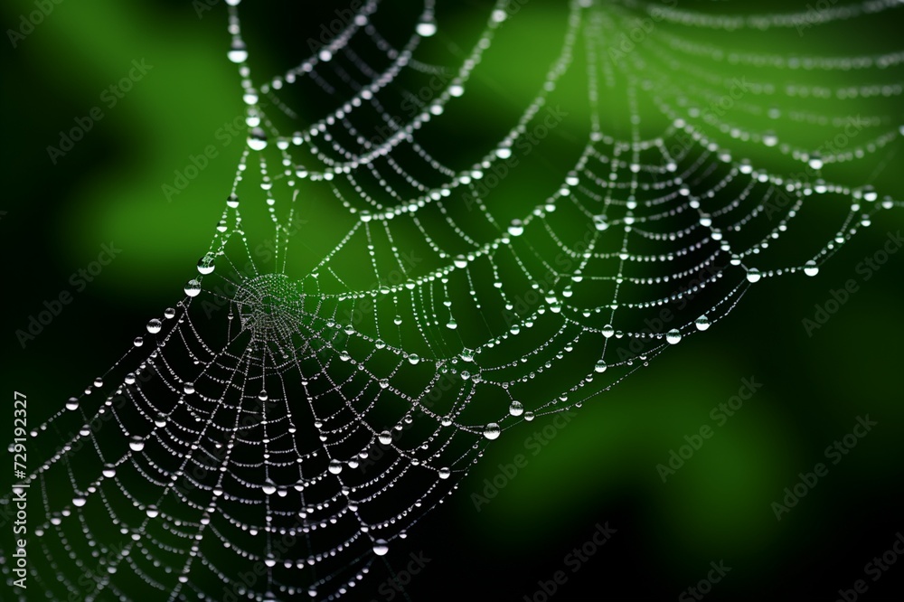 Wall mural : a macro shot capturing the intricate details of a spider's delicate web adorned with morning dew.