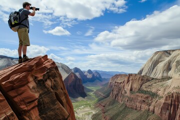 man on cliff edge surveying valley below with binoculars