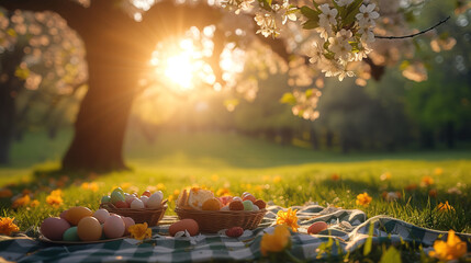 Obraz na płótnie Canvas Easter picnic under a blossoming tree. Playful bunny hops nearby.