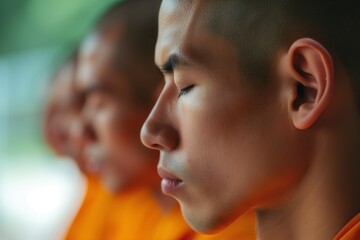 closeup of monks face in deep meditation - obrazy, fototapety, plakaty