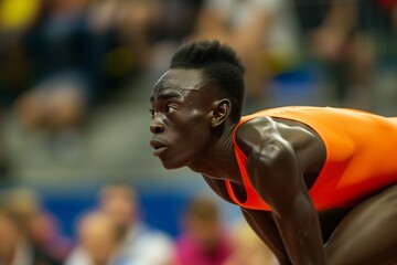 jumper with focused expression before leaping, spectators behind