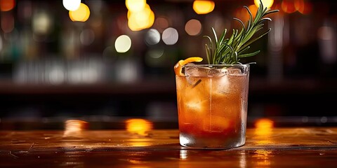 Elegant cocktail with rum and sprig of rosemary served in glass on rustic wooden table in cozy cafe with softly blurred background drink blend of refreshing citrus and aromatic herbs