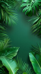 Fototapeta na wymiar Green Tropical Background With Palm Leaves. Copy space. Bali style template green frame.