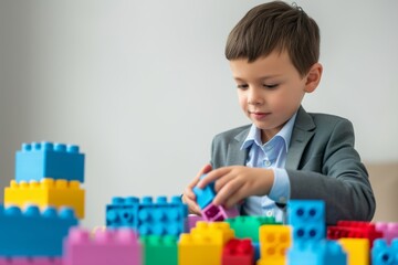 boy dressed as a businessman sorting colorful building blocks symbolizing organizational skills - obrazy, fototapety, plakaty