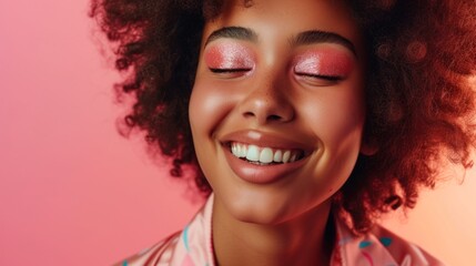 Fototapeta premium Horizontal portrait capturing the joy of a beautiful young Afro lady, dressed in pastel tones with glittery and colorful makeup, set against a soothing pastel backdrop.